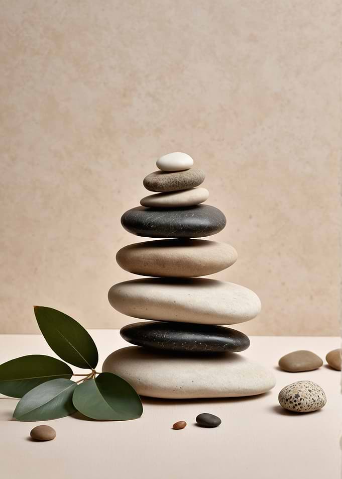 Zen Stone Stack with Eucalyptus Leaves