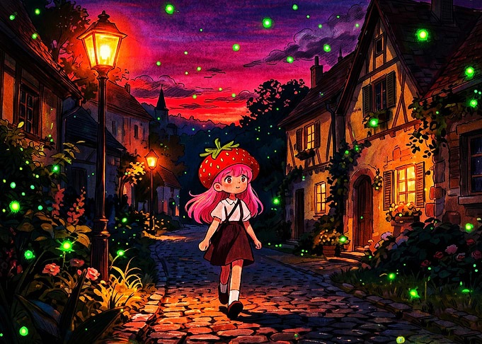 Girl in Strawberry Hat with Fireflies