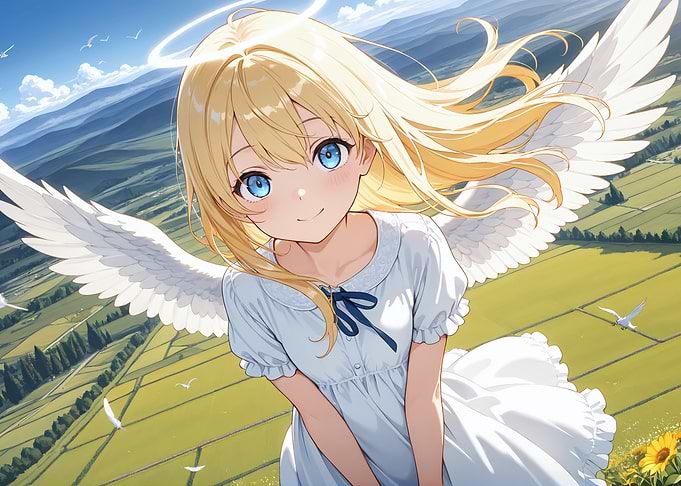 Anime Angel Girl Flying Above Fields