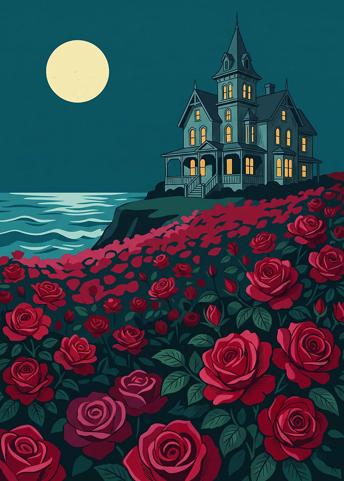 Victorian House Roses Moonlight Gothic Architecture Dark Art Poster