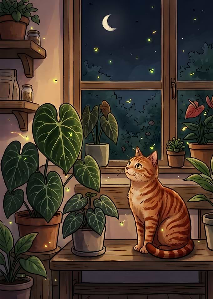 Ginger Cat with Fireflies and Anthurium at Night