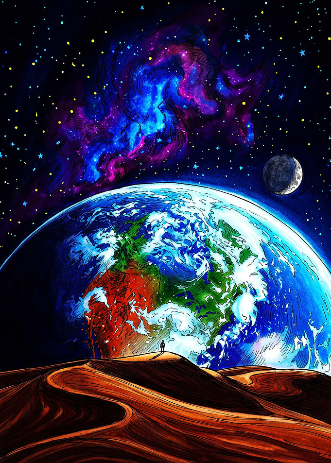 Lone Figure Overlooking Earth from Mars