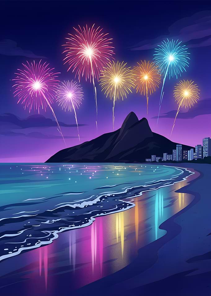 Fireworks Over Rio de Janeiro Sea Beach