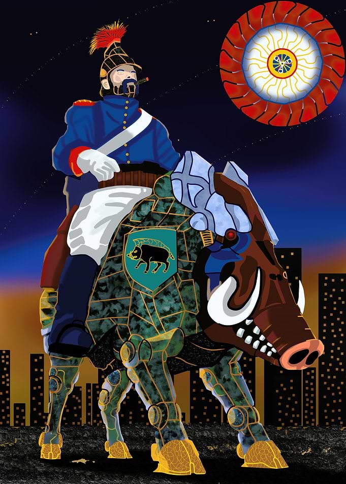 Gallican soldier riding a cyberpunk board
