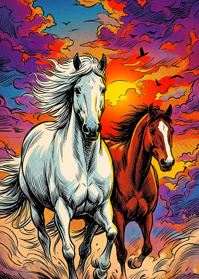 Wild Horses Sunset Retro Art Poster