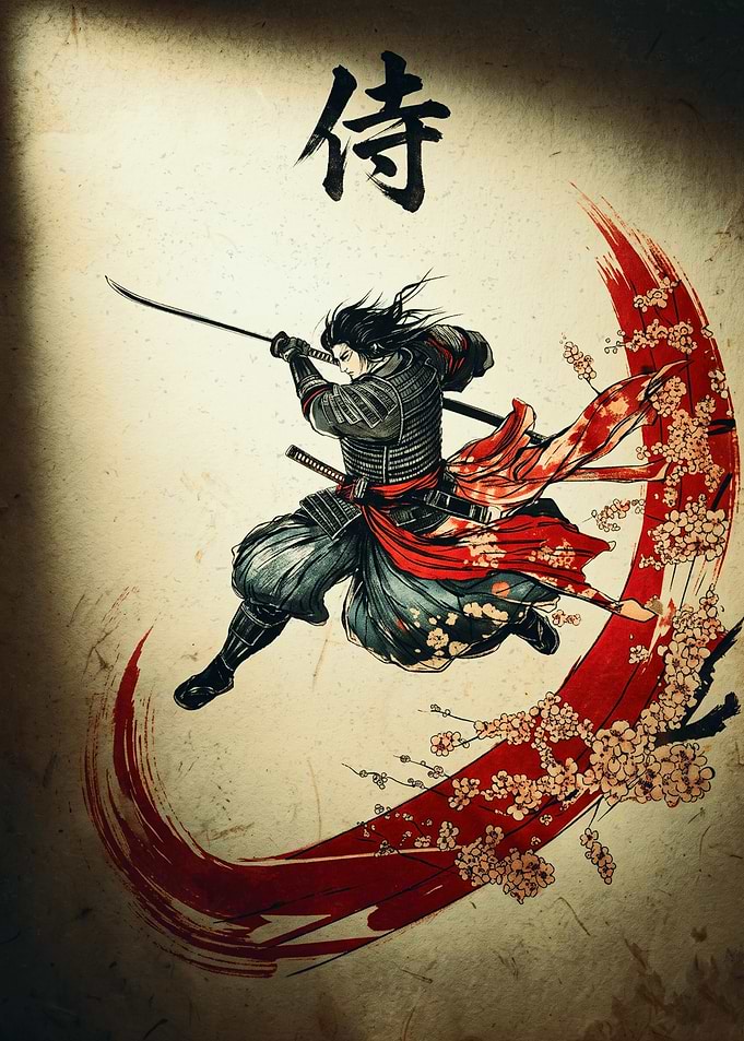 Japanese Samurai Warrior With Katana Sword And Cherry Blossom Art Print