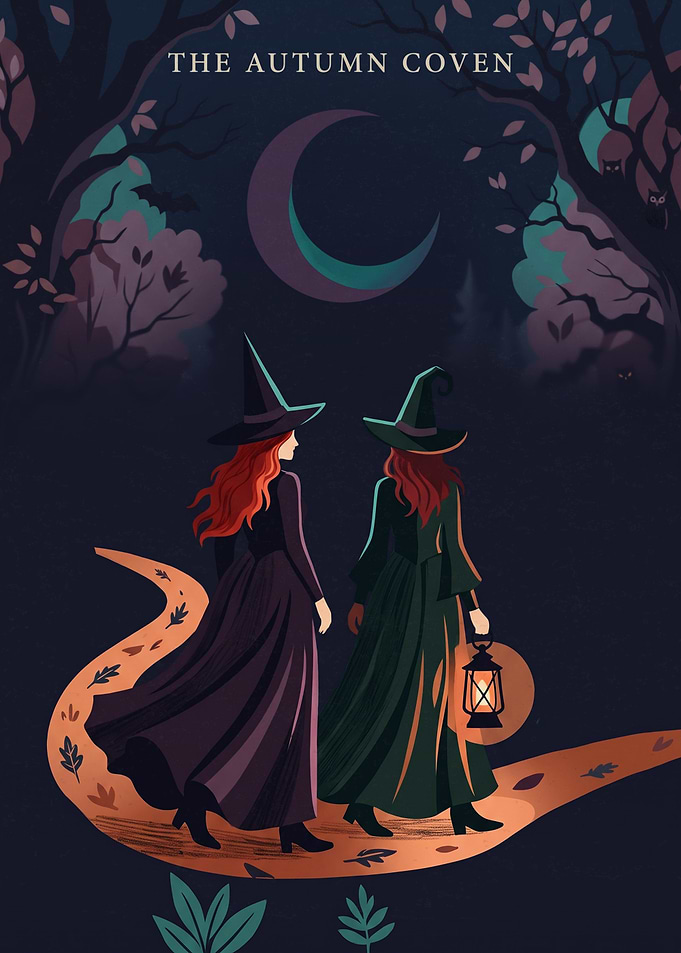 Autumn Coven Witches Walking In Forest Magic Fantasy Flat Illustration Art
