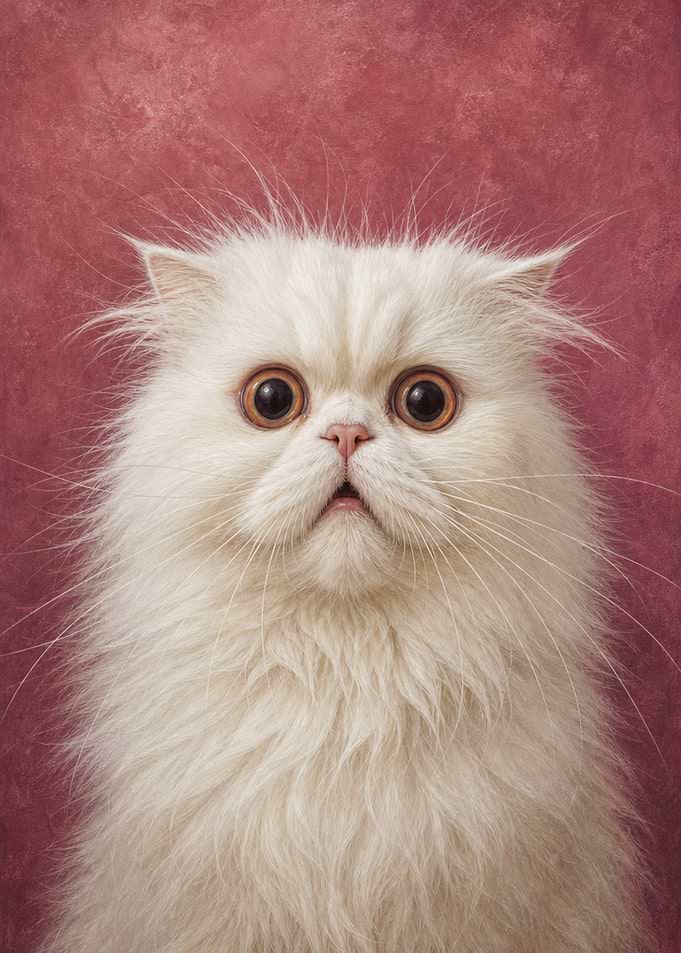 White Persian Cat Wall Art — Startled Funny Fine Art Portrait