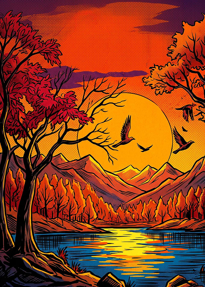 Sunset Lake Autumn Birds Retro Art