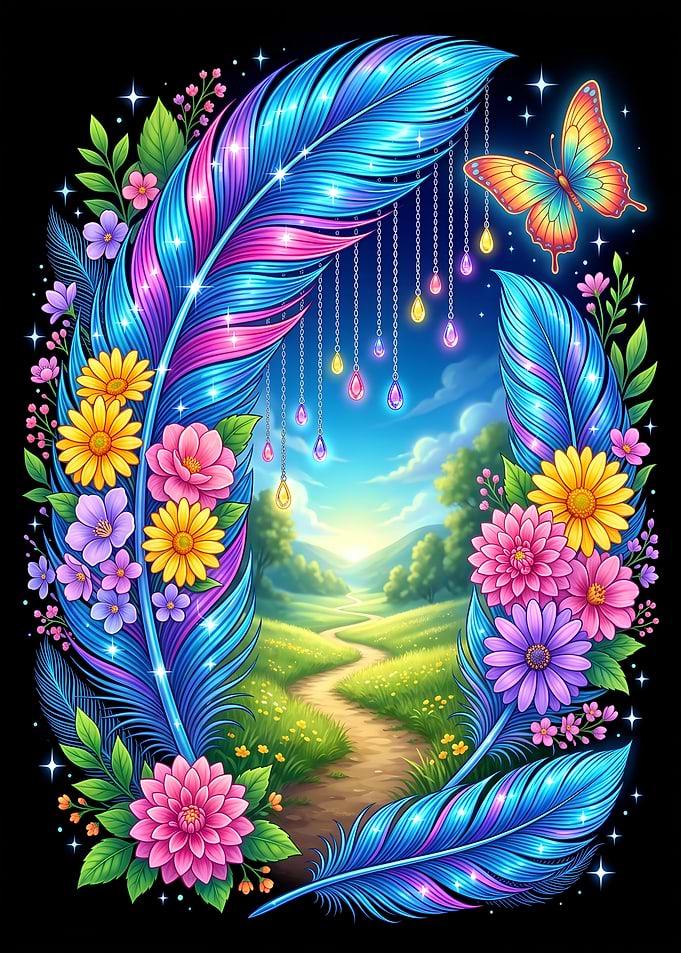 Magical Feather and Floral Landscape Nature