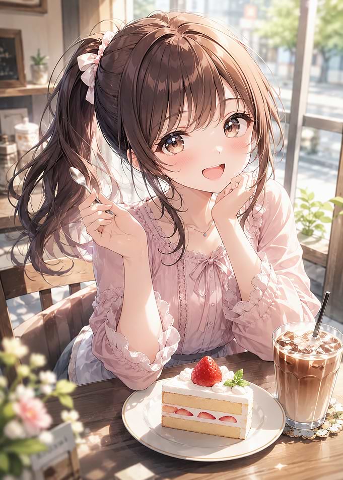 Anime Girl Enjoying Strawberry Cake