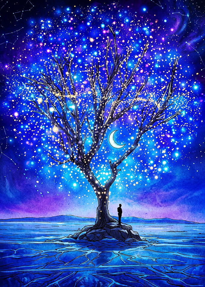 Lone Figure Under Cosmic Tree