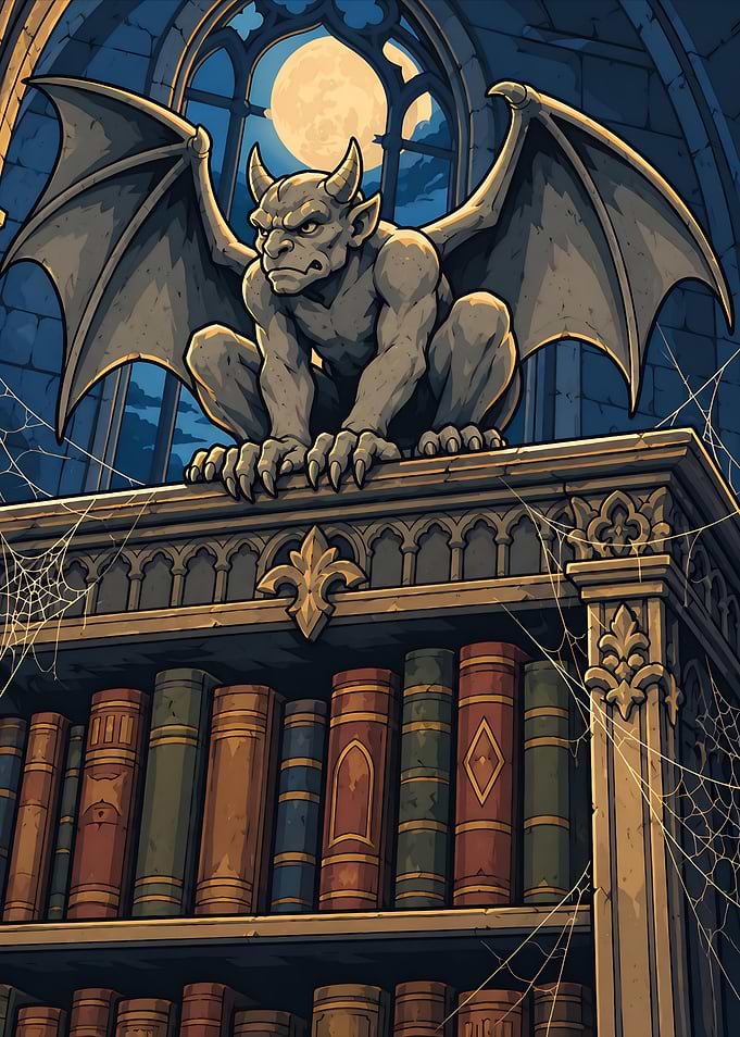 Gargoyle Perched on Ancient Bookshelf
