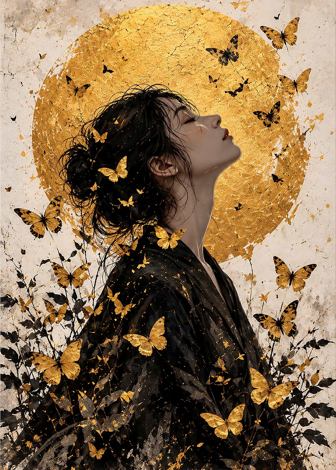 Woman with Golden Butterflies Art
