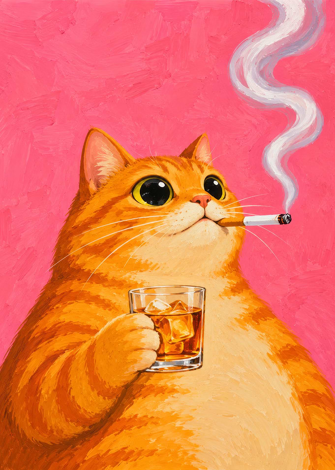 Chubby Orange Cat Smoking Cigarette Drinking Whiskey Painting