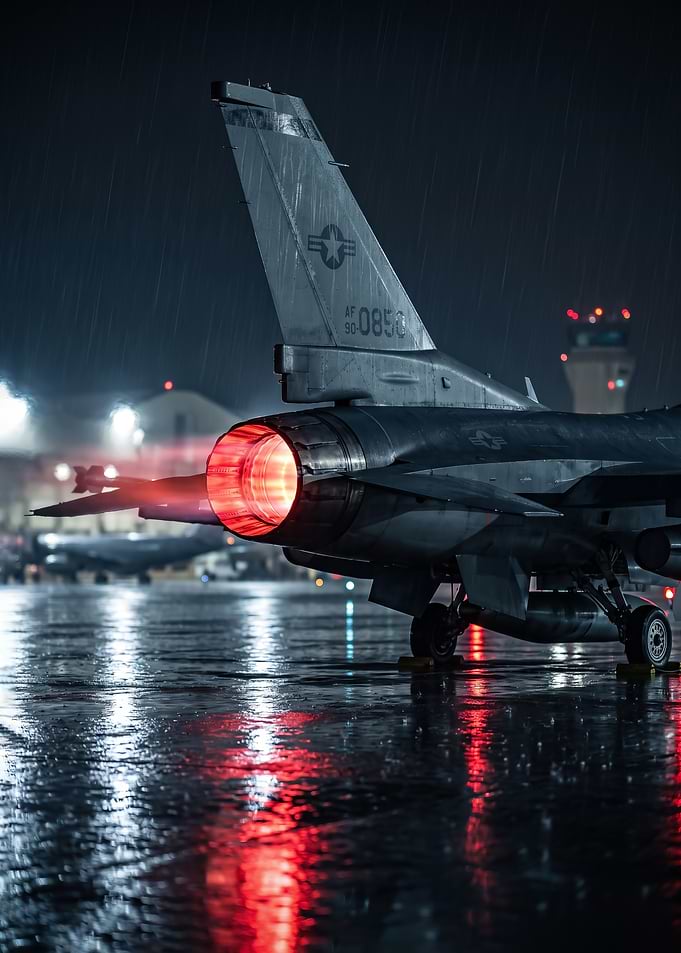 dark sleek close up F-16 Fighting Falcon at Night