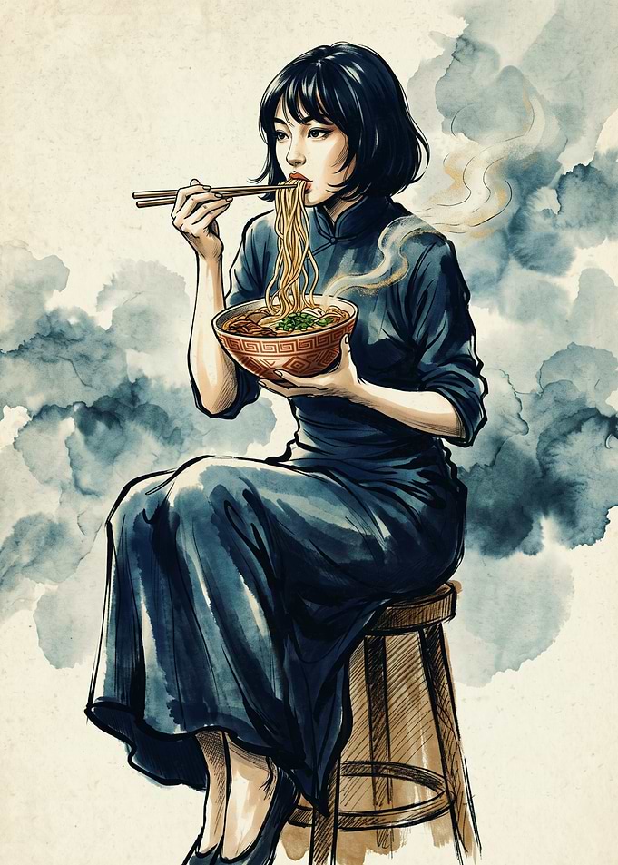 Woman Eating Noodles Food Anime Manga Style Watercolor Illustration
