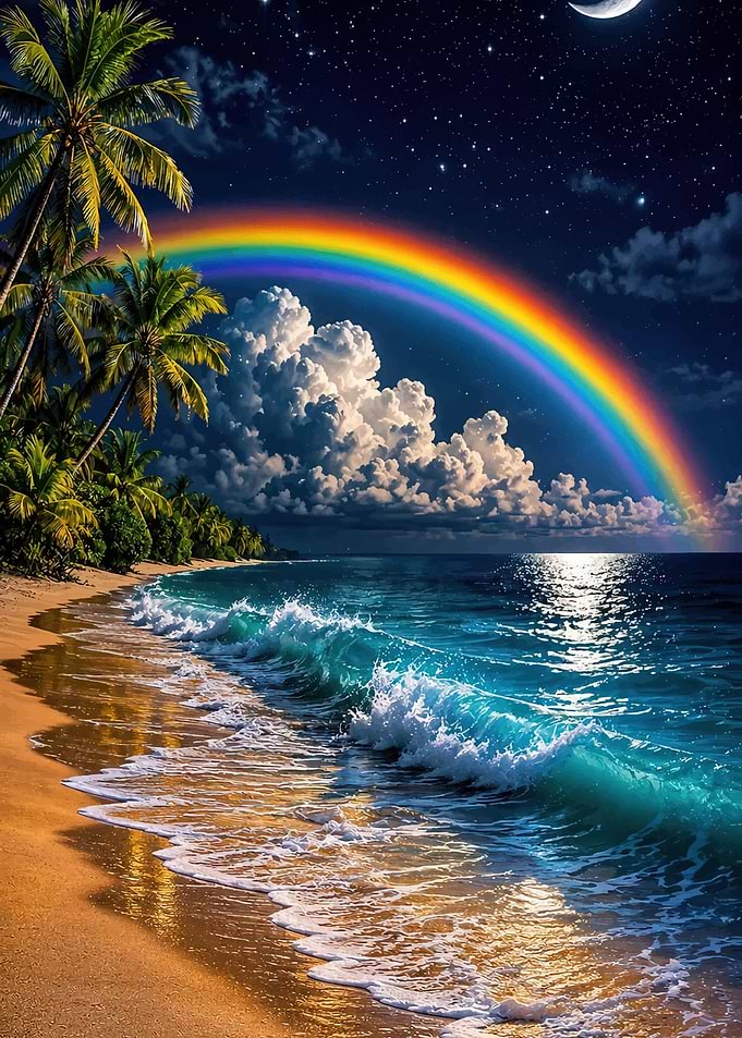 Night Beach with Rainbow and Moon