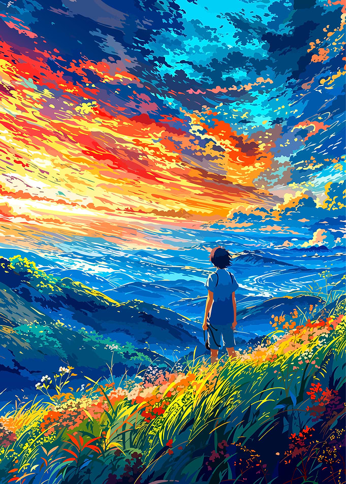 Anime Boy Watching Vibrant Sunset
