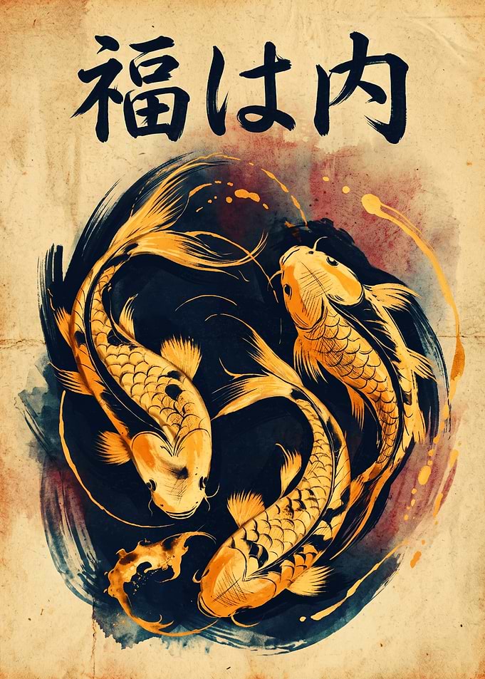 Japanese Kanji Koi Fish Yin Yang Art Asian Culture Vintage Calligraphy Poster