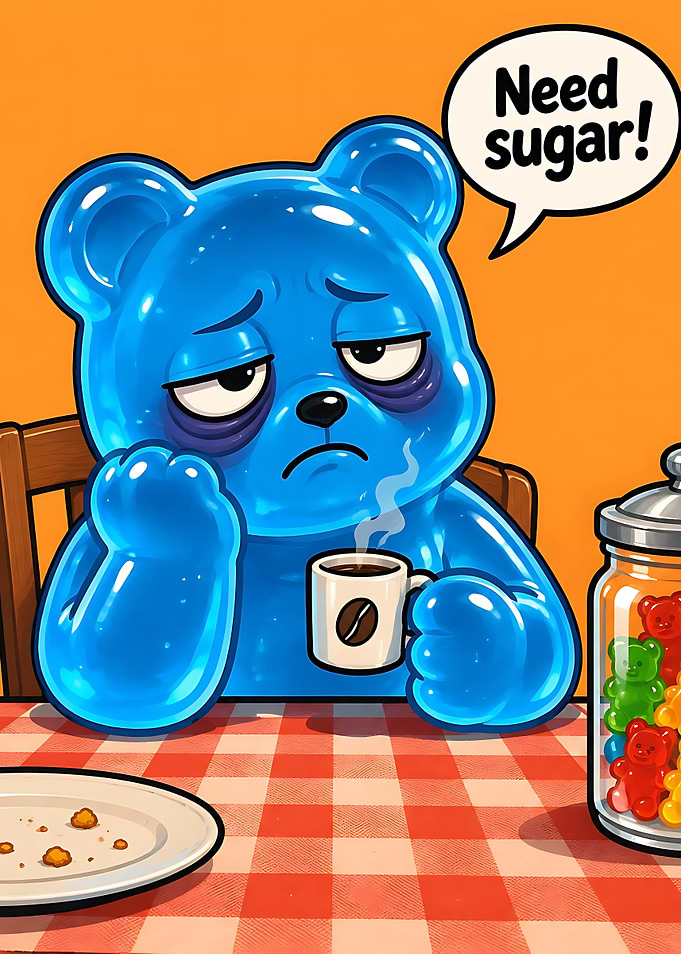 Tired Blue Gummy Bear Needs Sugar