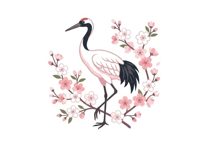 Red-crowned crane with cherry blossoms