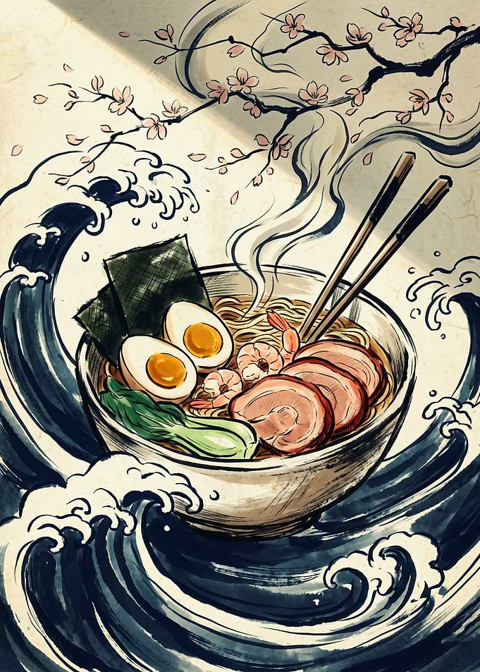 Japanese Ramen Bowl Waves Cherry Blossom Food Japanese Ukiyo-e Art Style