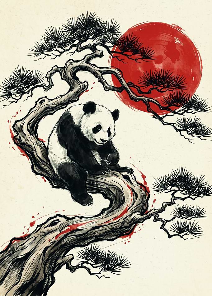 Panda On Pine Tree Japanese Art Sun Sumi E