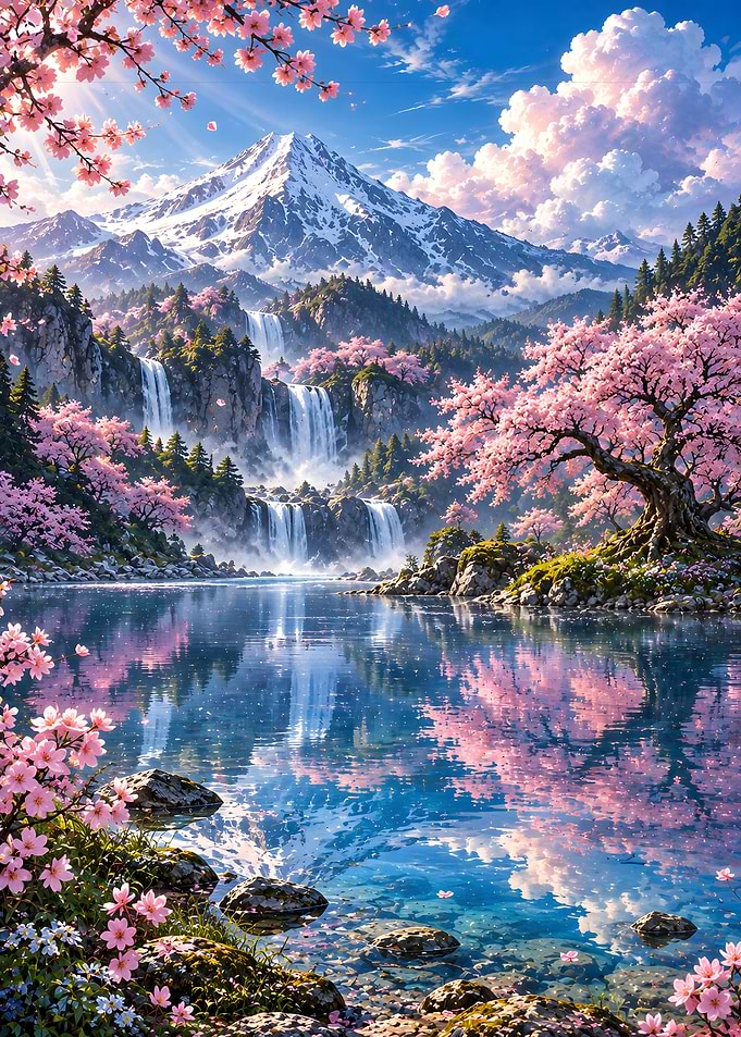 Majestic Cherry Blossom Mountain Waterfall