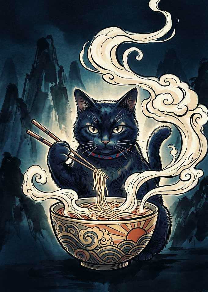 Black Cat Eating Ramen Asian Food Japanese Ukiyo-e Art Style