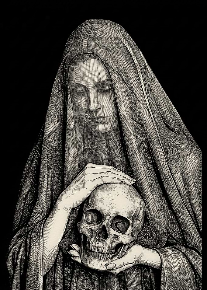Woman in Veil Holding a Skull