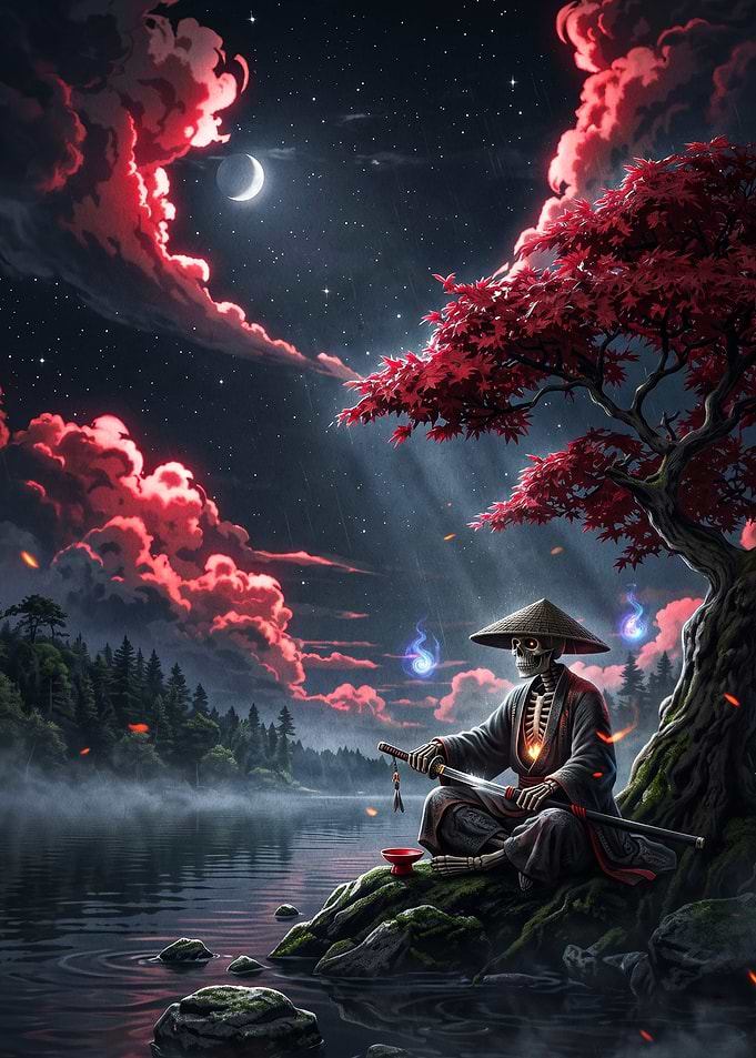 Skeleton Samurai Red Moon Dark Art