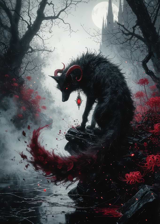 Dark Horned Wolf in Red Forest