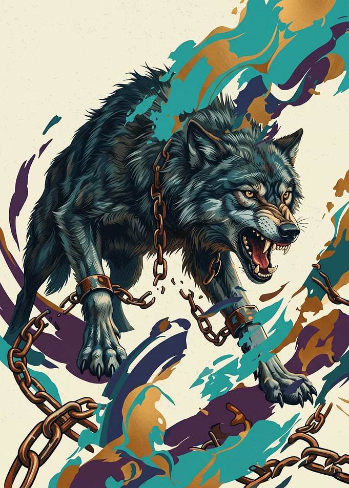 Fierce Chained Wolf Breaking Free Wildlife Art Abstract Brush Stroke Illustration