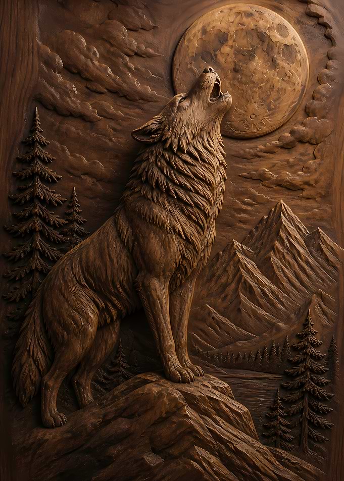 2628 - Moonlit Wolf Woodcarving
