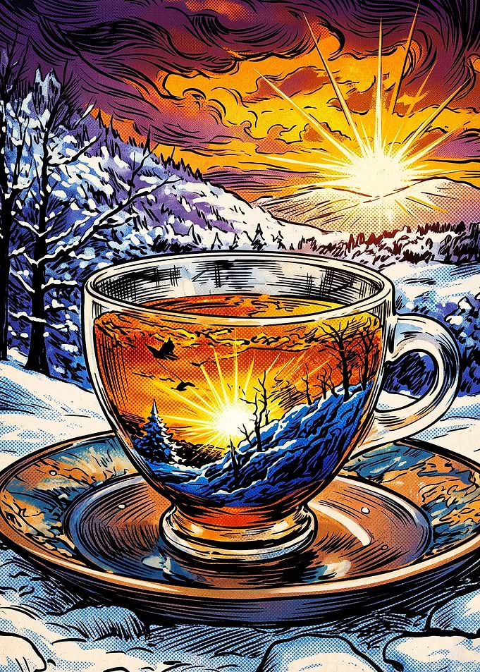 Winter Coffee Sunrise Comic Poster