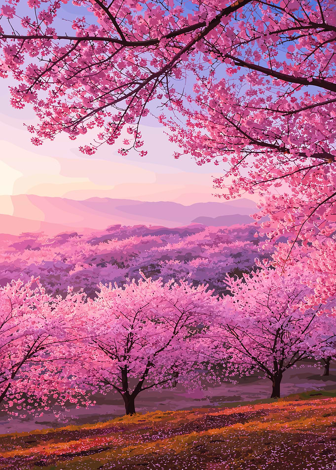 Vibrant Cherry Blossom Landscape at Sunset