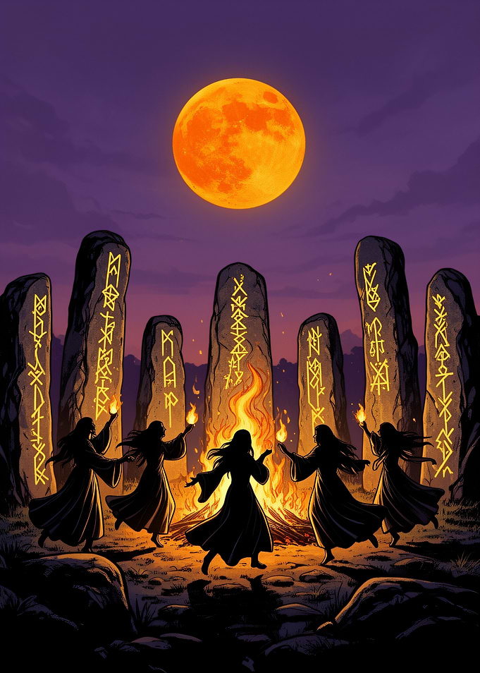 Witches Dancing Around Ritual Fire