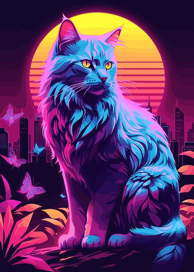 Synthwave Neon Cat in Cityscape
