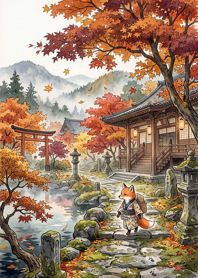 Fox in Traditional Japanese Autumn Garden