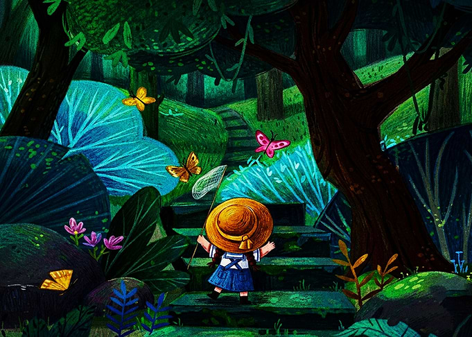 Girl Catching Butterflies in Enchanted Forest