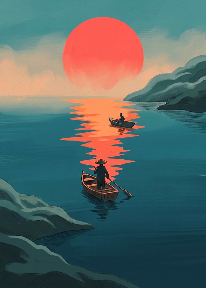 Asian Fisherman Boating Under Red Sun Japanese Landscape Art Print