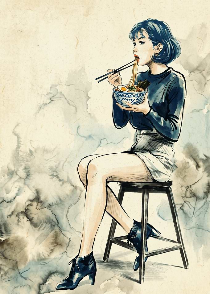 Anime Girl Eating Ramen Noodles Food Art Watercolor Manga Style Poster