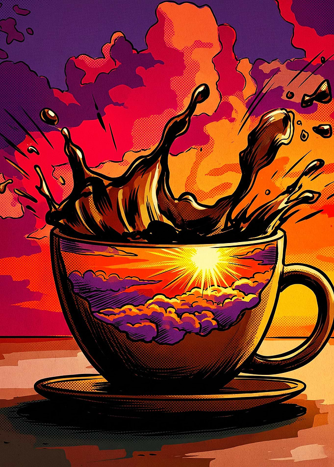 Coffee Cup Sunset Retro Art Poster