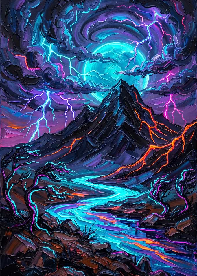 Neon Storm Over Volcanic Mountain