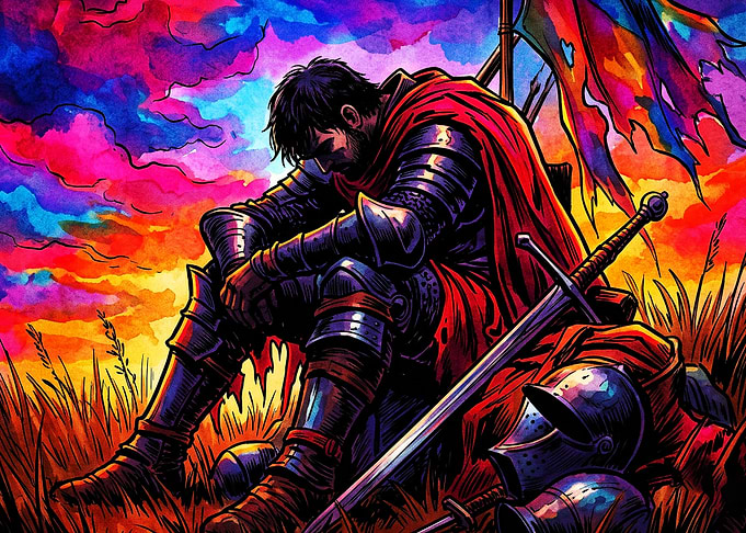 Sad Knight Armor Sunset Watercolor