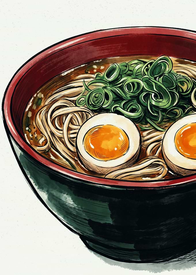 Delicious Japanese Ramen Noodle Bowl Food Art Print Hand Drawn Style