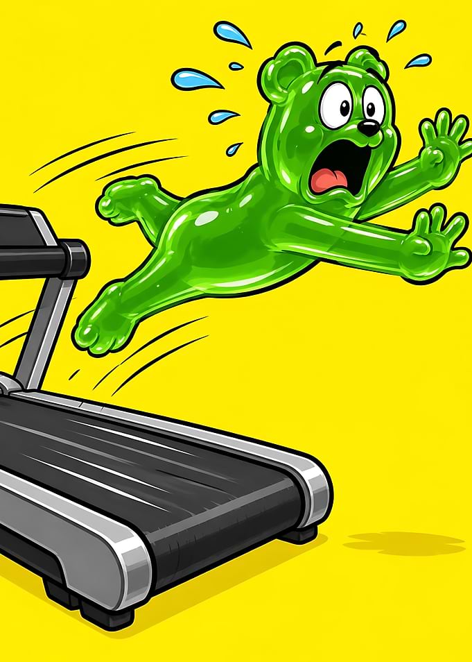 Panicked Gummy Bear on Treadmill