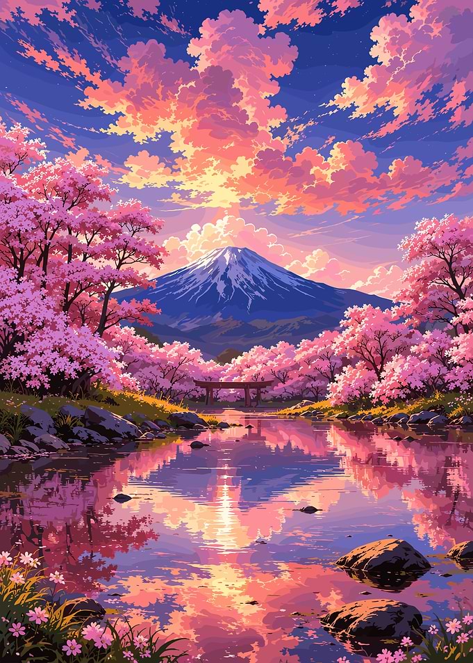 Mount Fuji and Cherry Blossoms Sunset
