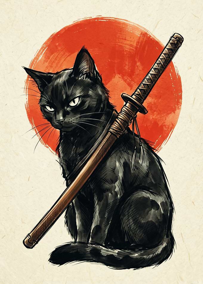 Samurai Cat With Katana Sword Japanese Art Print